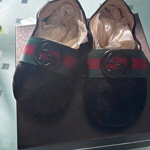 Gucci Black Suede Loafers with Signature Stripe
